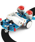 Line Following Robot Car Kit for Beginners Soldering Practice on black line track with circuit board and motors visible