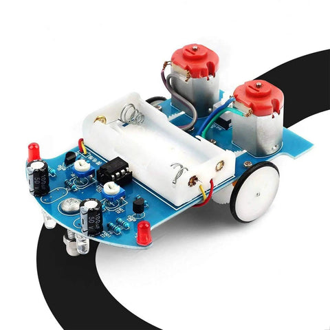 Line Following Robot Car Kit for Beginners Soldering Practice on black line track with circuit board and motors visible