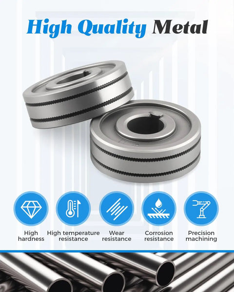 Close-up of steel 2 Pack Drive Roll For MIG Welder 0.8mm 0.9mm K Groove Wire Feed Roller with high quality metal text.