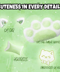 Totally Cute Cat Ears Gaming Chair With Detachable Ears and Plush Cat Paw Lumbar Pillow on green background with illustrations