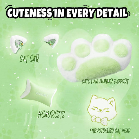 Totally Cute Cat Ears Gaming Chair With Detachable Ears and Plush Cat Paw Lumbar Pillow on green background with illustrations