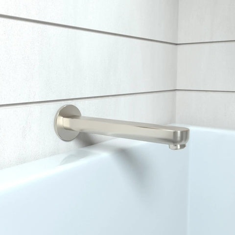 9 Inch Premium Modern Tub Spout In Brushed Nickel Finish Universal Retrofit installed on a bathroom wall, side view