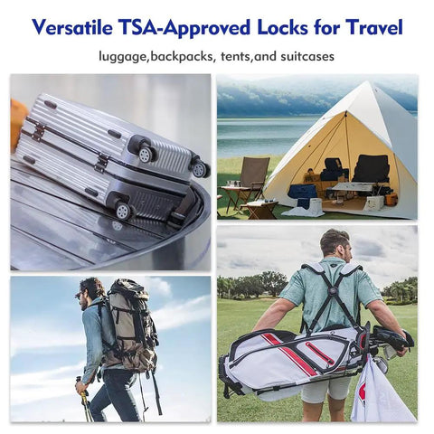 TSA Approved Beefy Luggage Locks With Open Alert Indicator securing luggage, tents, backpacks, and travel bags in various settings.
