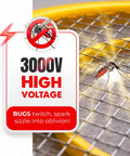 Electric Fly Zapper Racket Battery Operated Bug Killer Handheld Pest Control For Mosquitoes And Insects Indoor And Outdoor Use 44 Cm Long 17 Cm Wide Safe 3 Layer Mesh Design with high voltage yellow mesh shown.