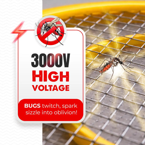 Electric Fly Zapper Racket Battery Operated Bug Killer Handheld Pest Control For Mosquitoes And Insects Indoor And Outdoor Use 44 Cm Long 17 Cm Wide Safe 3 Layer Mesh Design with high voltage yellow mesh shown.