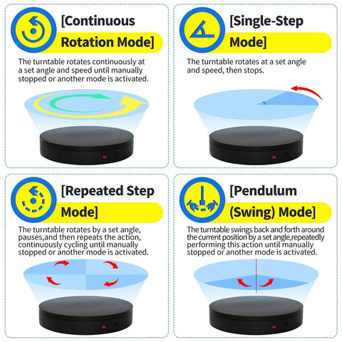 Remote Controlled Motorized Turntable For Photography And Display 360 Degree Spinning Platform modes: Continuous, Single-Step, Repeated, Pendulum.