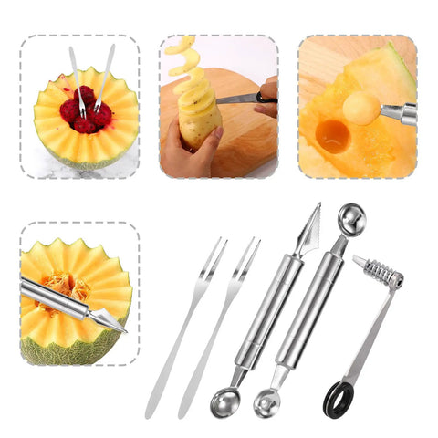 Spiral Veggie Cutter Set With Stainless Steel Spiralizer, V-Shaped Carving Tool, Fruit Baller And Two Forks for meal prep