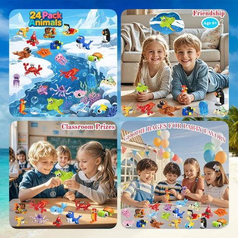 Mini Ocean Animals Building Blocks Party Favor Kits For Kids, 24 Pack Goodie Bag Stuffers displayed in various scenes.