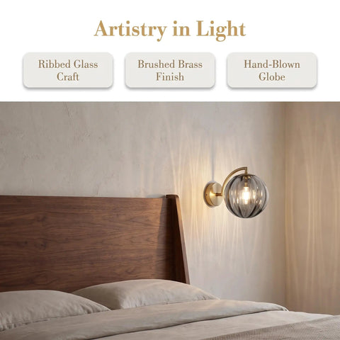Mid‑Century Modern Globe Glass Wall Sconce with Wine Red Hand‑Blown Glass mounted beside a wooden bed, highlighting ribbed glass.
