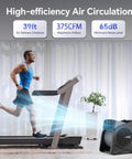 Man running on treadmill with High Velocity 15 Inch Floor Fan With 375 CFM Air Mover Three Speed Portable Industrial Blower nearby.
