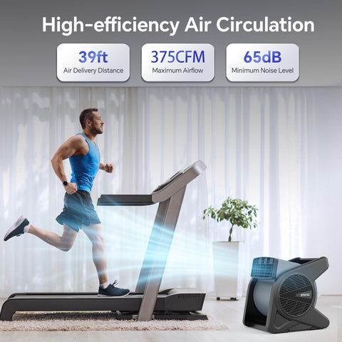 Man running on treadmill with High Velocity 15 Inch Floor Fan With 375 CFM Air Mover Three Speed Portable Industrial Blower nearby.