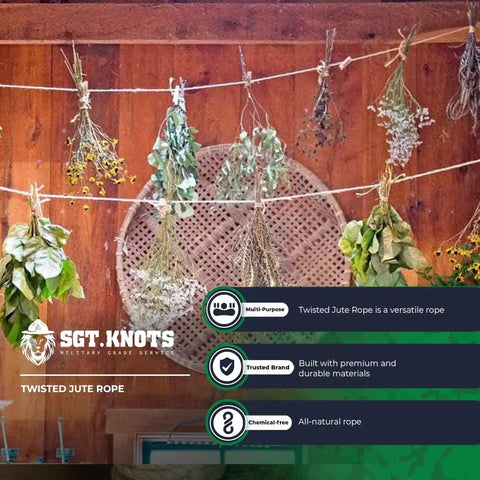 Dried herbs hanging on Built Tough Heavy Duty Twisted Jute Rope For Crafts And Garden Projects Thick 3 Strand Natural Fiber Rope.