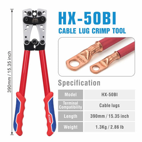 Pro Grade Heavy Duty Battery Cable Lug Crimping Tool For 8 6 4 2 1 And 1/0 AWG Lugs With Copper Terminals shown with specifications.