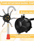 Built Like A Tank Heavy Duty Manual Drum Pump For Quick Slip Free Transfer Of Motor Oil Heating Fluid And Transmission Fluid Fits 15 To 55 Gallon Barrels, shows a hand rotary drum pump in black and silver.