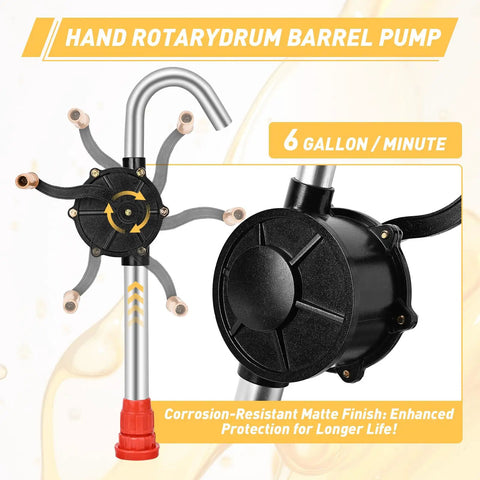 Built Like A Tank Heavy Duty Manual Drum Pump For Quick Slip Free Transfer Of Motor Oil Heating Fluid And Transmission Fluid Fits 15 To 55 Gallon Barrels, shows a hand rotary drum pump in black and silver.