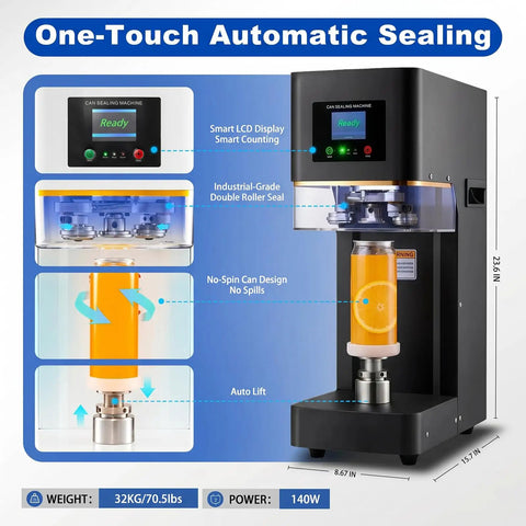 Commercial Can Sealer Machine Automatic Cup Sealer Five Station Beverage Packaging Plug And Play Powerhouse with LED Display and Auto Lift.