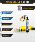 Rock Solid 6 Foot Flat Safety Lanyard With Quick Deploy Shock Absorber And Heavy Duty Yellow Webbing showing specifications and materials.