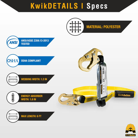 Rock Solid 6 Foot Flat Safety Lanyard With Quick Deploy Shock Absorber And Heavy Duty Yellow Webbing showing specifications and materials.