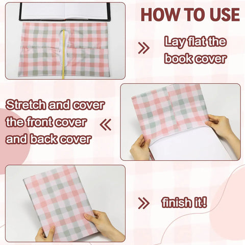 Instructions for using Six Pack Stretchy Book Covers For Hardcover And Paperback Up To 9 By 11 Inches With Aesthetic Floral And Gingham Patterns