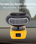 Hassle Free Portable Battery Space Heater Featuring Dual Usb Ports And 360 Degree Swivel delivering warmth on car dashboard.