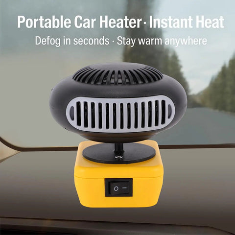 Hassle Free Portable Battery Space Heater Featuring Dual Usb Ports And 360 Degree Swivel delivering warmth on car dashboard.