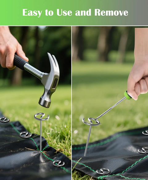 Using pack of 50 landscape staples with pick hook 6 inch galvanized garden pins for weed fabric lawn tent yard and sod.