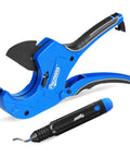 Pacmann blue ratchet PVC pipe cutter up to 2-1/2 in; side view with deburring tool.