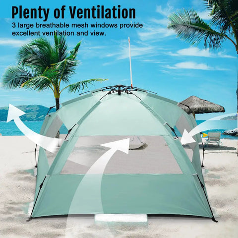 Deluxe XL Pop Up Beach Tent Sun Shade For 3 To 4 People With UV Protection and windows on sandy beach, mint green
