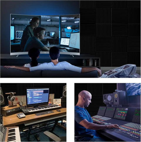 Badass Acoustic Foam Wall Panels Sound Absorbing Wedge Cut Studio Treatment Noise Dampening Home Theater Setup Vocal Booth Echo Reduction Goes Hard 56 Pack Soundproofing Pads 12X12X1 Inch in a home theater with two people.