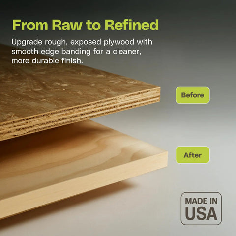 Comparison of raw plywood and finished wood with Maple Veneer Edge Banding Roll One-Half Inch By Fifty Feet Preglued Wood Tape