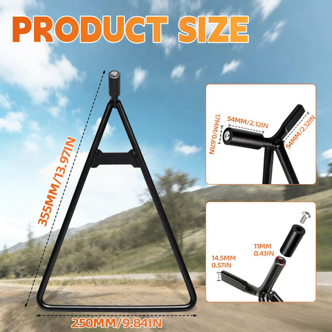 Triangle Stand For Dirt Bikes And Off Road Rides Universal Rear Side Wheel Holder And Motorcycle Kickstand For Dirt Pit Bike Supermoto Motocross Enduro Beefy Steel Build For Axle Holes 11mm And Up, showing dimensions