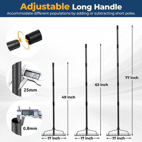 Extra Wide 17 Inch Double Sided Garden Rake with adjustable stainless steel handle for leveling lawn and debris removal.