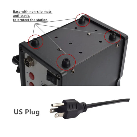 Base of 2 In 1 SMD Hot Air Rework Station with non-slip mats and US plug, showing anti-static features for PCB repairs.
