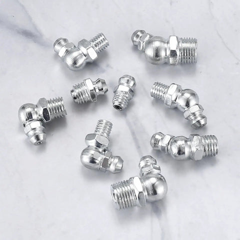 Pro Grade 140 Piece Grease Fittings Kit Featuring 1/4 Inch And 1/8 Inch Zerk Fittings Plus M6 And M8 Sizes in angled styles