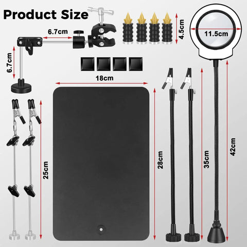 Dimensions of Go-To Hands-Free Soldering Station With Upgraded 5x Magnifying Lamp, 360 Degree Clamp, Four PCB Holders, Flexible Arms