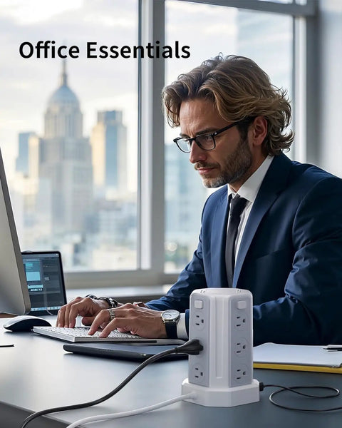 Professional office setting with Power Strip Surge Protector Tower With 12 AC Outlets And 4 USB Ports Including USB C on desk.