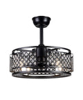 Crystal Caged Bladeless Ceiling Fan With Lights Dope Black Enclosed Chandelier Ceiling Fan With Remote Control Safe Eight Hidden ABS Blades In Cage Modern Fandelier For Bedroom Kitchen Indoor Outdoor