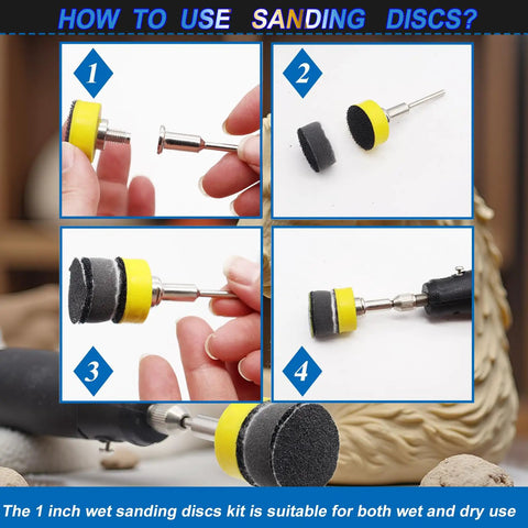 Pro 510pc Dremel Sanding Discs And Drums Wet Dry Kit With Hook Loop Sandpaper For Polishing Resin Rock Jewelry Making From Grit 60 To 10k instructional images showing wet and dry sanding disc assembly.