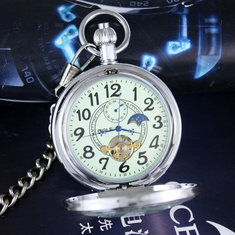 Waterproof Large Digital Luminous Tourbillon Moon Phase 24H Pocket Watch Built To Last With Automatic Mechanical Movement, Roman Dial, Chain Fob, 3ATM Waterproof, Dustproof, Gift Box
