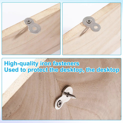 Rock Solid Figure 8 Table Top Fasteners With Screws, heavy duty zinc steel used for desk assembly in close-up view.