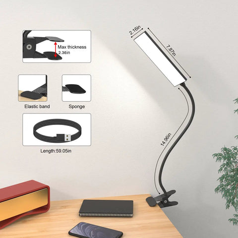 Clip On LED Desk Lamp With Eye Caring Light And Metal Clip 11 Brightness Levels And 3 Color Modes USB Powered 5W Reading Lamp