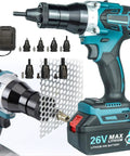 26V Cordless Rivet Tool with 5200mAh Battery Automatic Electric Rivet Gun for Stainless Steel Aluminum and Steel Rivets Fits M3 To M12 No Wire Needed Easy One Hand Setup and Fast Nut Rivet Installation for DIYers and Pros, shown with M3-M12 nozzles and charger