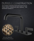Two Handle Centerset Bathroom Faucet Designed For Matte Black Vanity Deck Mount Sink With Pop Up Drain And Included Supply Lines Built To Last Solid Brass Construction Low Lead CUPC Certified, highlighting solid brass construction with matte finish.
