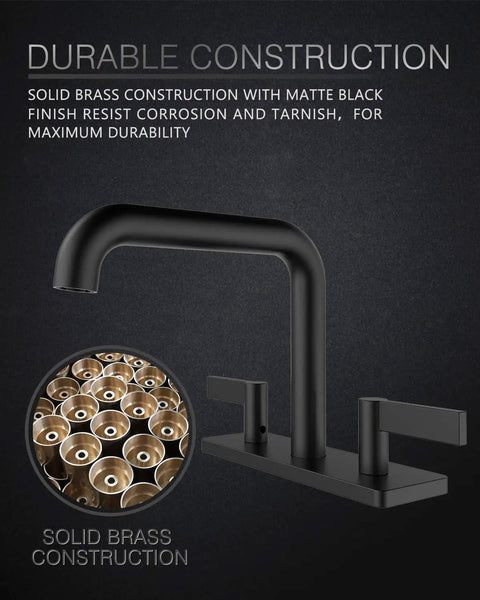 Two Handle Centerset Bathroom Faucet Designed For Matte Black Vanity Deck Mount Sink With Pop Up Drain And Included Supply Lines Built To Last Solid Brass Construction Low Lead CUPC Certified, highlighting solid brass construction with matte finish.