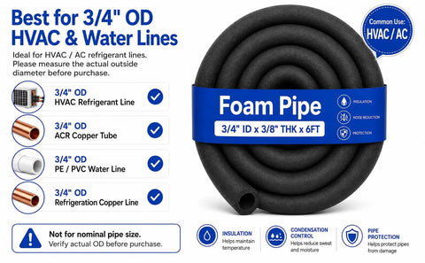 Hella Tough Three Quarter Inch Inner Diameter Foam Pipe Insulation Sleeve For Air Conditioning HVAC Lines, 6ft