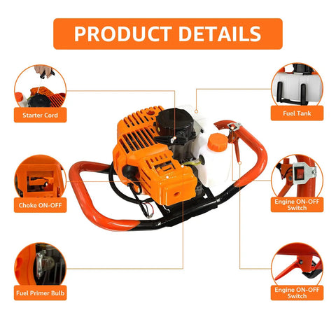 Beast 62cc Two-Stroke Gas Powered Post Hole Digger components with starter cord, choke, and engine switches visible