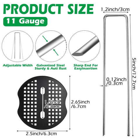 100 Pack Landscape Staples And 100 Pack Gaskets 12 Inch 11 Gauge Galvanized Steel Garden Staples With Black Pads Turf Staples For Weed Barrier Grass Pro, detailed product dimensions.