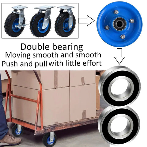 Badass Heavy Duty Rubber Pneumatic Swivel Caster Wheels With Brakes Zero Fuss Six Eight Ten Inch Replacement Rollers For Hand Trucks And Shop Carts Smooth As Butter 360 Degree Gliding showing blue rubber tread and metal housing.
