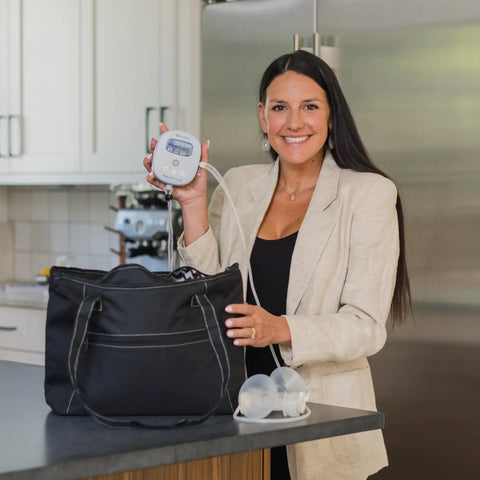 Powerhouse Rechargeable Cordless Breast Pump With Hospital Strength Suction And Dual Adjustable Settings shown in a stylish tote bag.