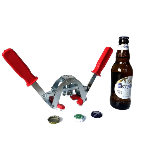 Manual Beer Bottle Capper Tool With 150 Count Caps 26mm Crown Cap Press For Home Brewing shown with bottle and caps
